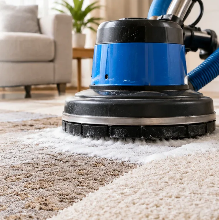 Halı yıkama makinesi kirli halıyı köpükle temizliyor; makinenin geçtiği yer tertemiz
